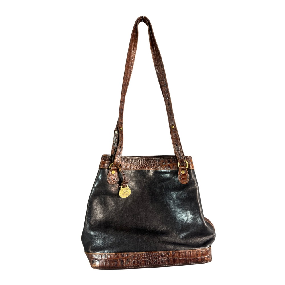 Brahmin Vintage Black Leather Brown Croc Embossed Trim Shoulder Bag Medallion